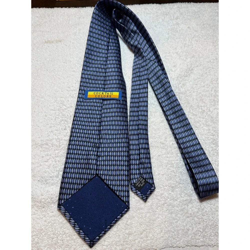 Cocktail Colors Mens Silk Necktie Blue Grey Geometric Oval Pattern Hand Made
